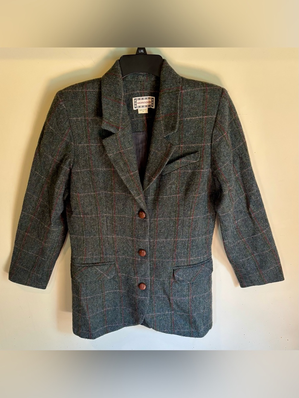 VTG Monsoon Trow Mill Scotland 100% Pure New Wool Jacket Blazer US Sz 6 Green